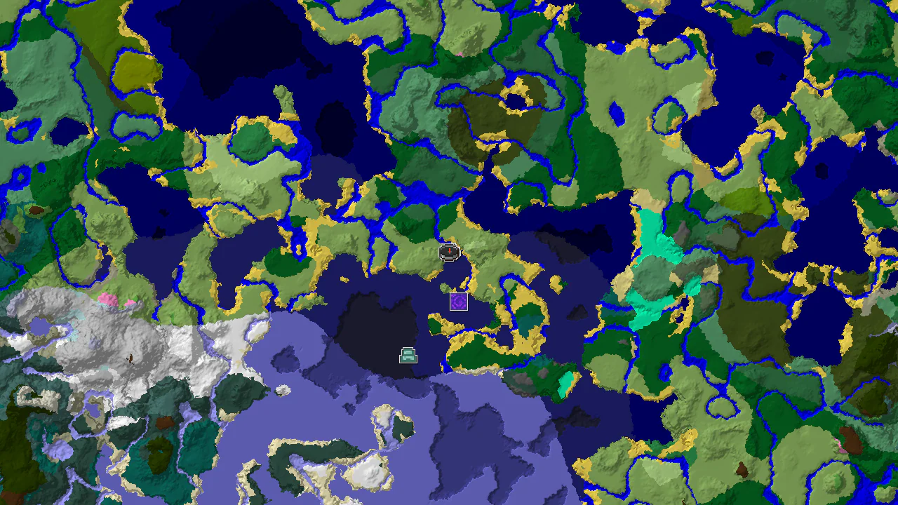 A top-down 2D biome map centered on the spawn point, showing nearby biomes like Plains, Ocean, and Cold Ocean, with markers for a Shipwreck and Ruined Portal.