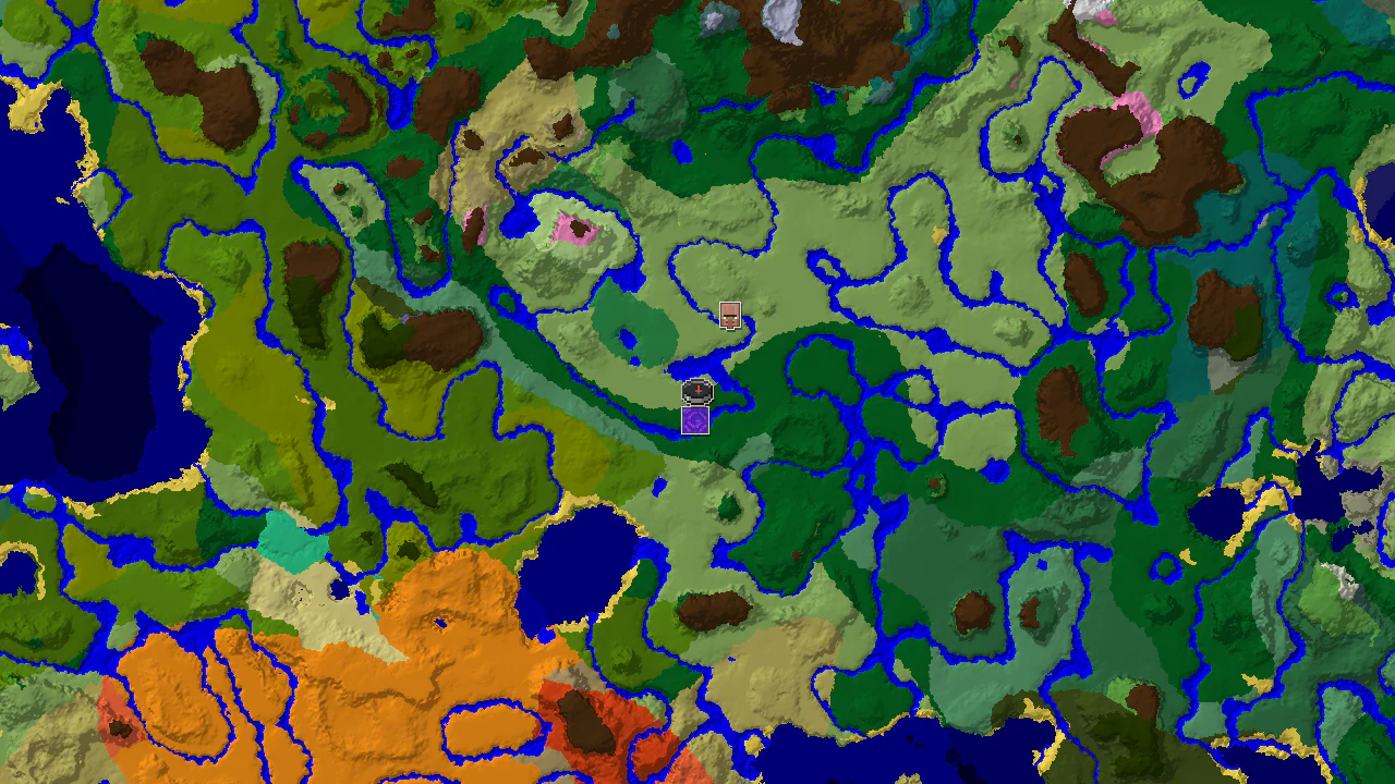 A top-down 2D biome map centered on spawn, showing a spawn marker, a Ruined Portal marker 104 blocks south, and a Village marker 305 blocks northwest.