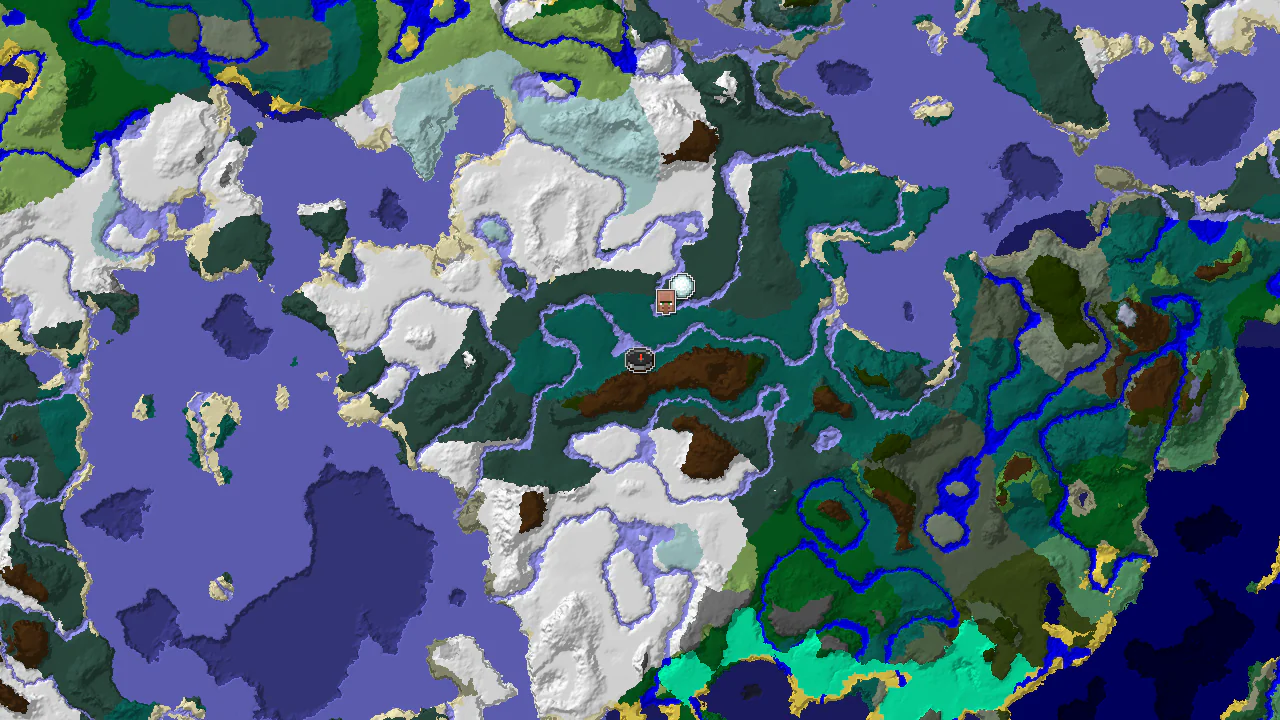 A top-down 2D biome map centered on spawn, showing a village and an igloo marker nearby.