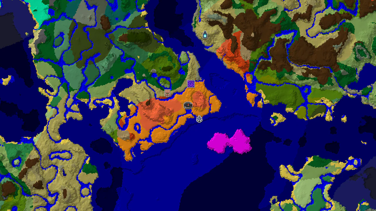 A top-down 2D biome map centered on spawn, showing a desert spawn point, an Eroded Badlands biome, and markers for a shipwreck and other nearby structures.