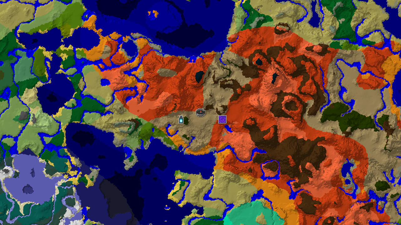 A 2D biome map centered on spawn, showing Wooded Badlands, Badlands, and nearby oceans, with markers for a Ruined Portal and an Ancient City.