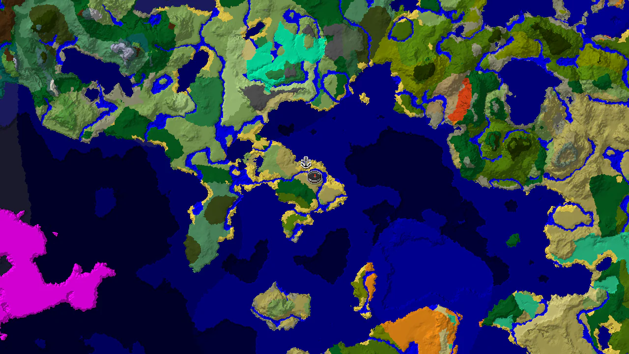 A 2D biome map centered on spawn, showing savanna, ocean, and jungle biomes with a shipwreck marker.