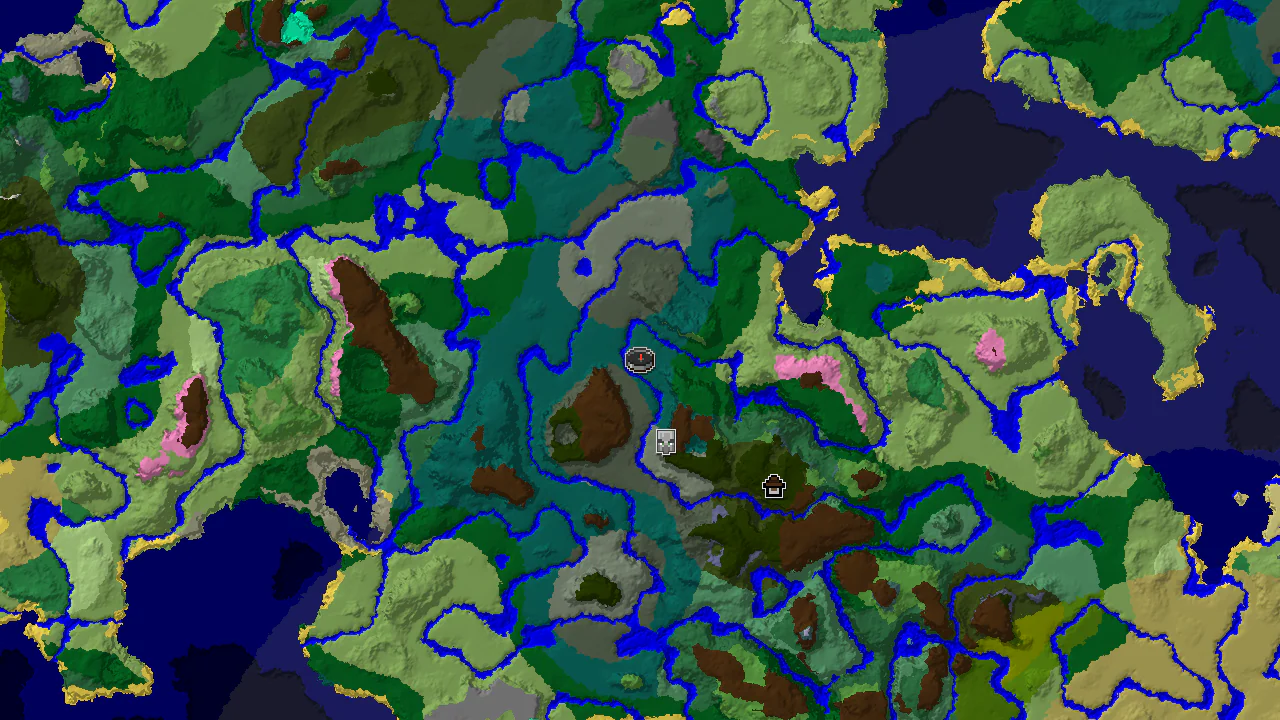 A top-down 2D biome map centered on the spawn point, showing taiga, forest, river, and plains biomes, with markers for a Woodland Mansion and a Pillager Outpost.