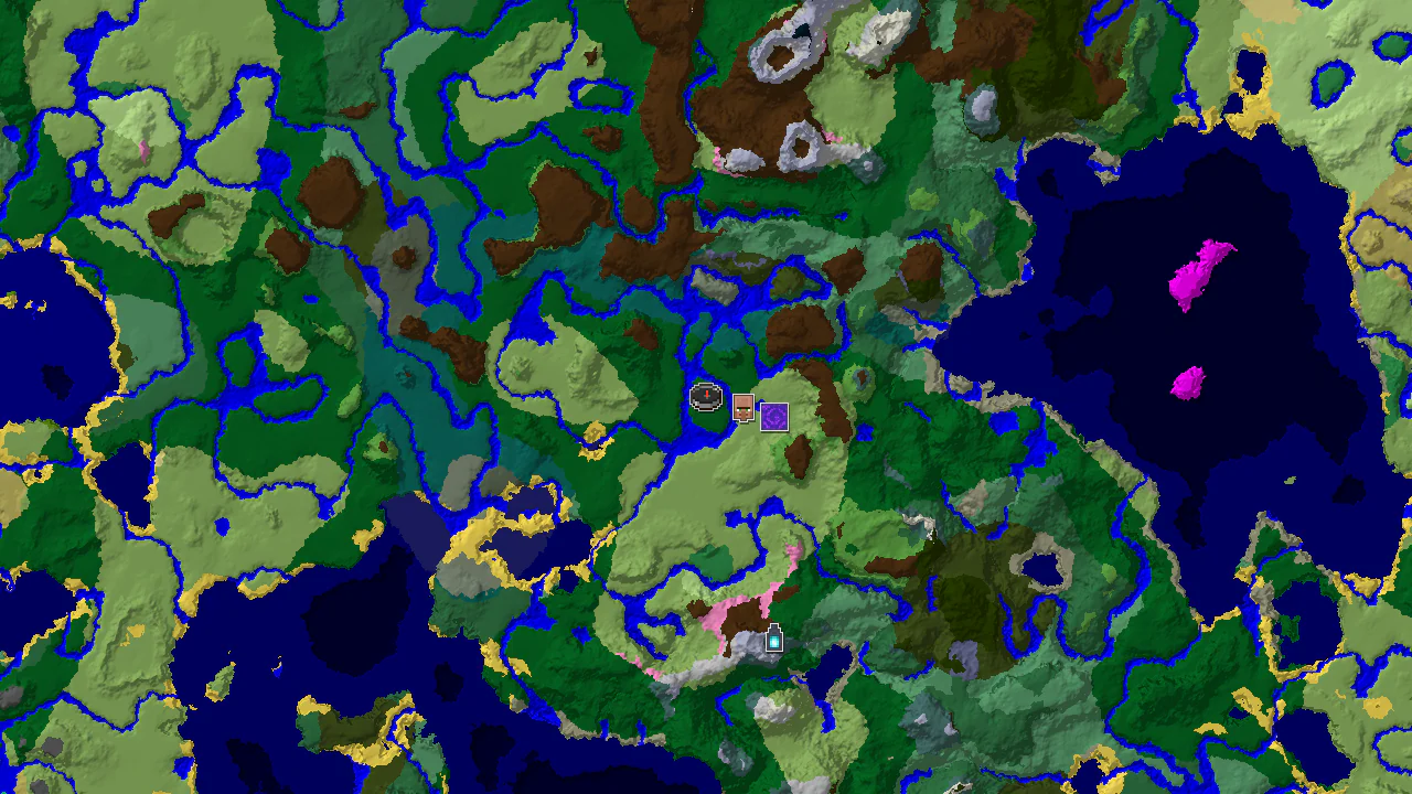 A top-down 2D biome map centered on spawn, showing forest, river, and plains biomes, with markers for a nearby village and a more distant Ancient City.
