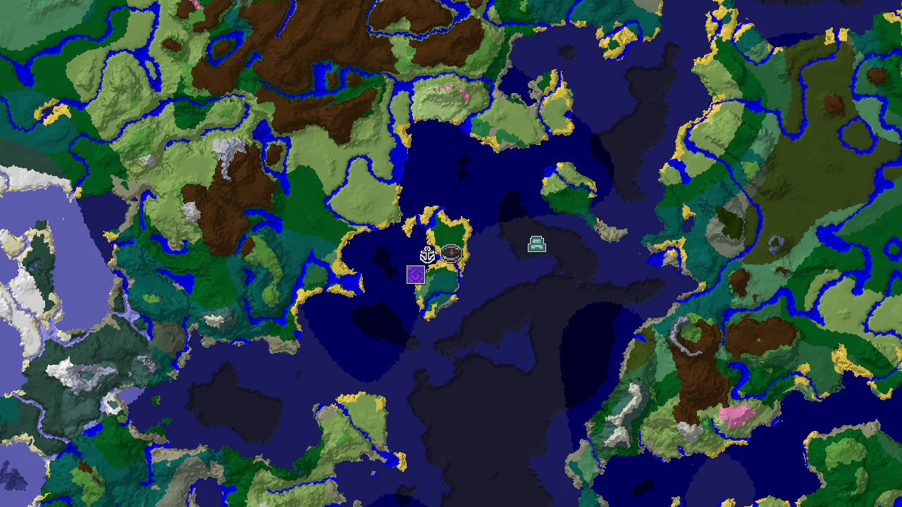 A top-down 2D biome map centered on the spawn point, showing Forest, Ocean, and Beach biomes with markers for a Shipwreck and an Ocean Monument.