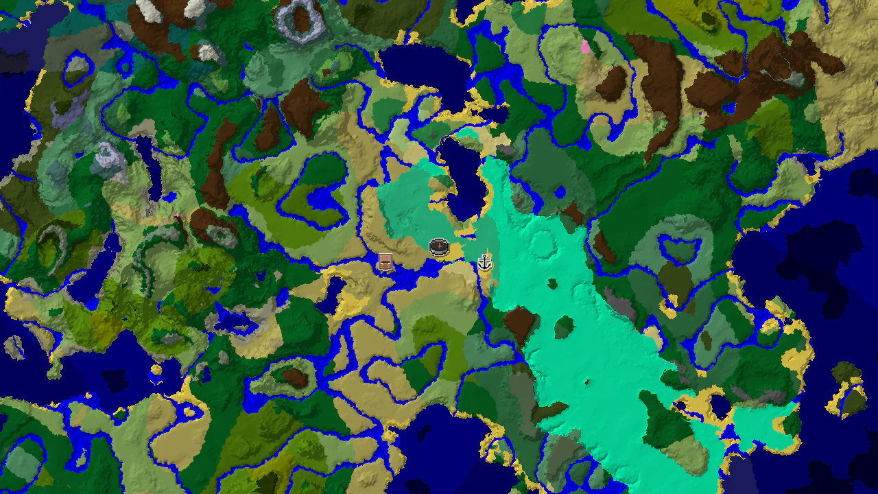 A 2D top-down biome map centered on the Mangrove Swamp spawn, showing nearby biomes and markers for a shipwreck and village.