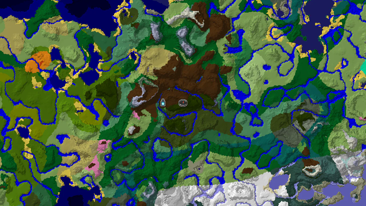 A top-down 2D biome map centered on the spawn point, showing Dark Forest, River, and various jungle and forest biomes, with a marker for an Ancient City to the west.