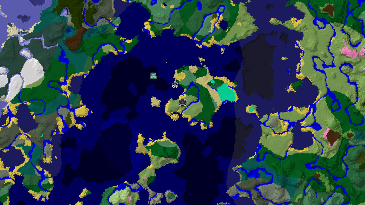 A top-down 2D biome map centered on the spawn point, indicating nearby plains, beaches, and various ocean types, with markers for a shipwreck and an ocean monument.