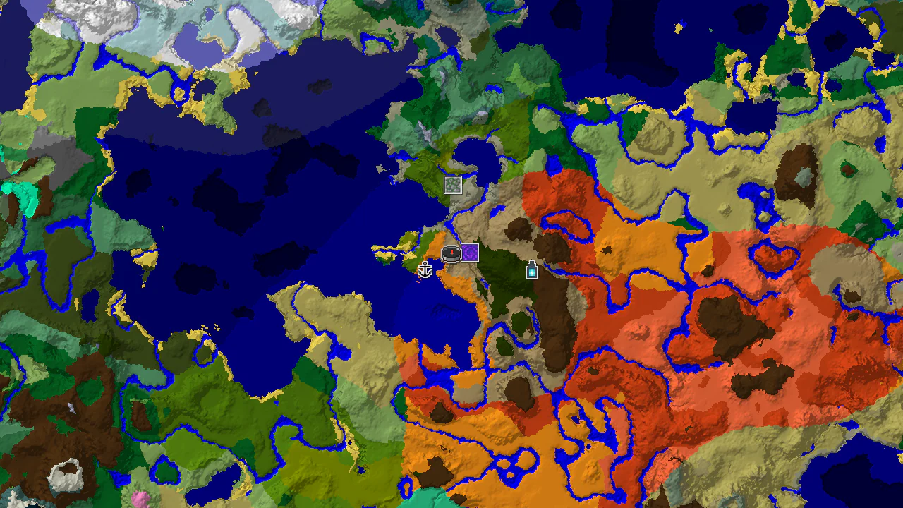 A 2D top-down biome map centered on the spawn point, showing Wooded Badlands, Desert, and River biomes, with markers for a Ruined Portal and an Ancient City.