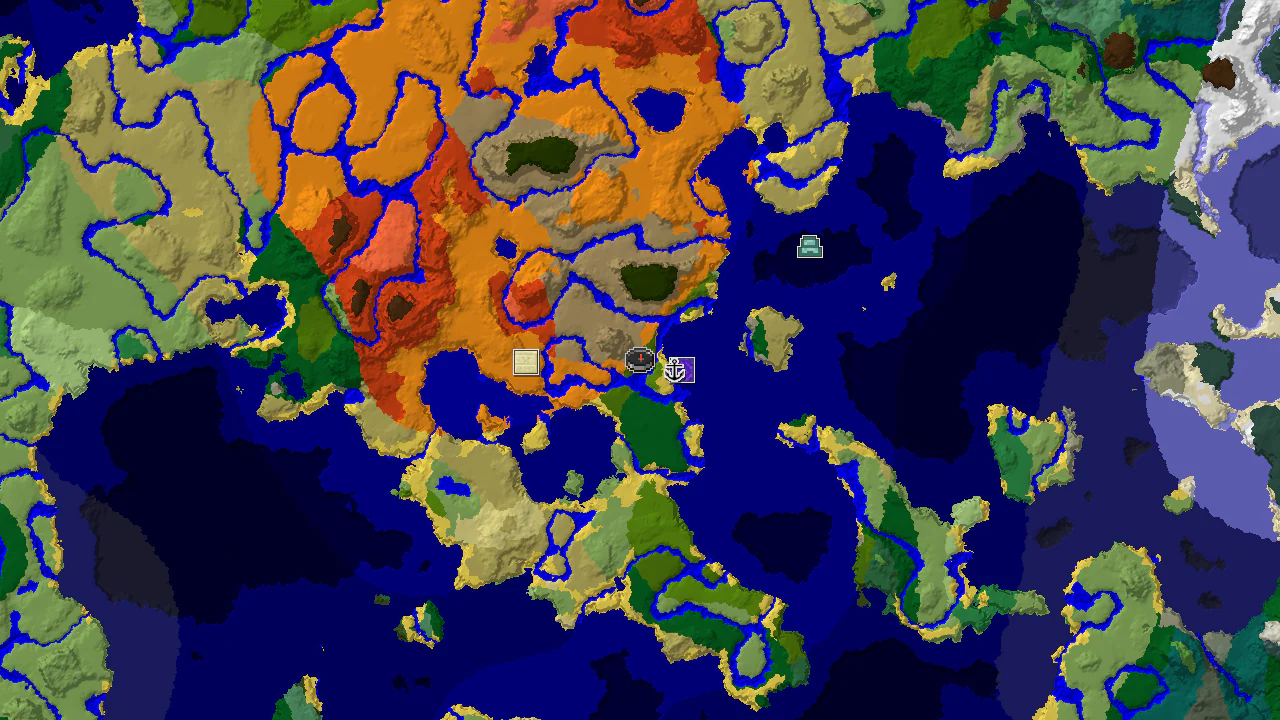 A top-down 2D biome map centered on the player's spawn point, showing markers for a nearby shipwreck and ruined portal.