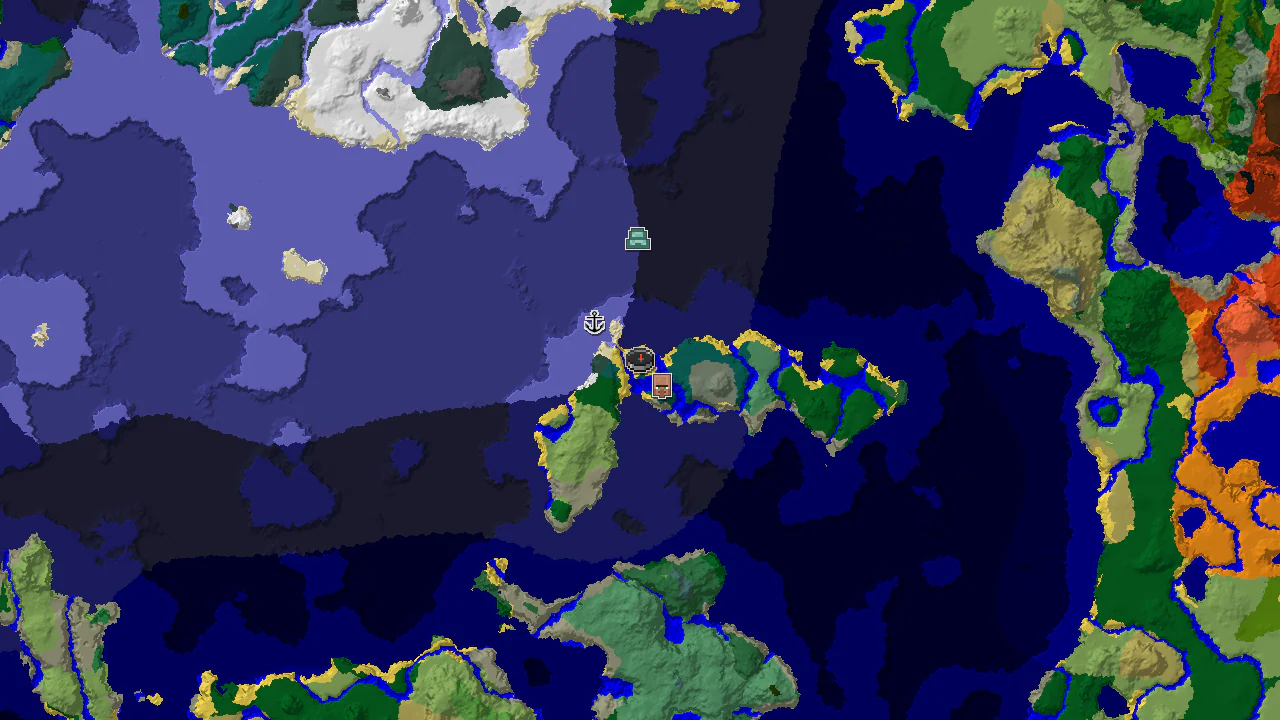 A top-down 2D biome map centered on spawn, showing a village marker to the southeast and a shipwreck to the west.