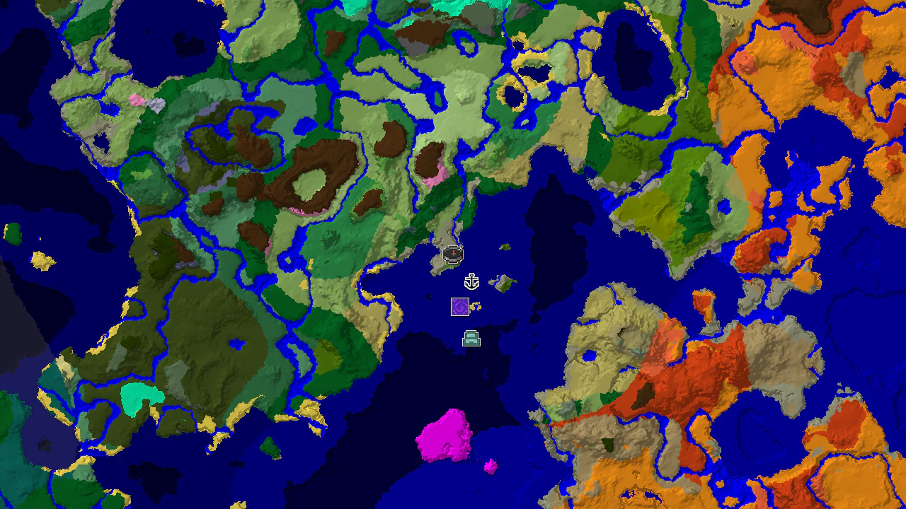 A top-down 2D biome map centered on the spawn point, showing nearby structures like a shipwreck and a ruined portal.