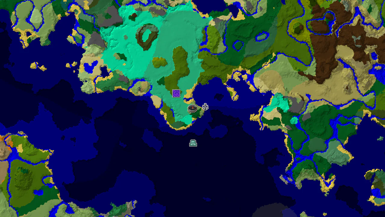A top-down 2D biome map centered on the spawn point, with markers for nearby structures.