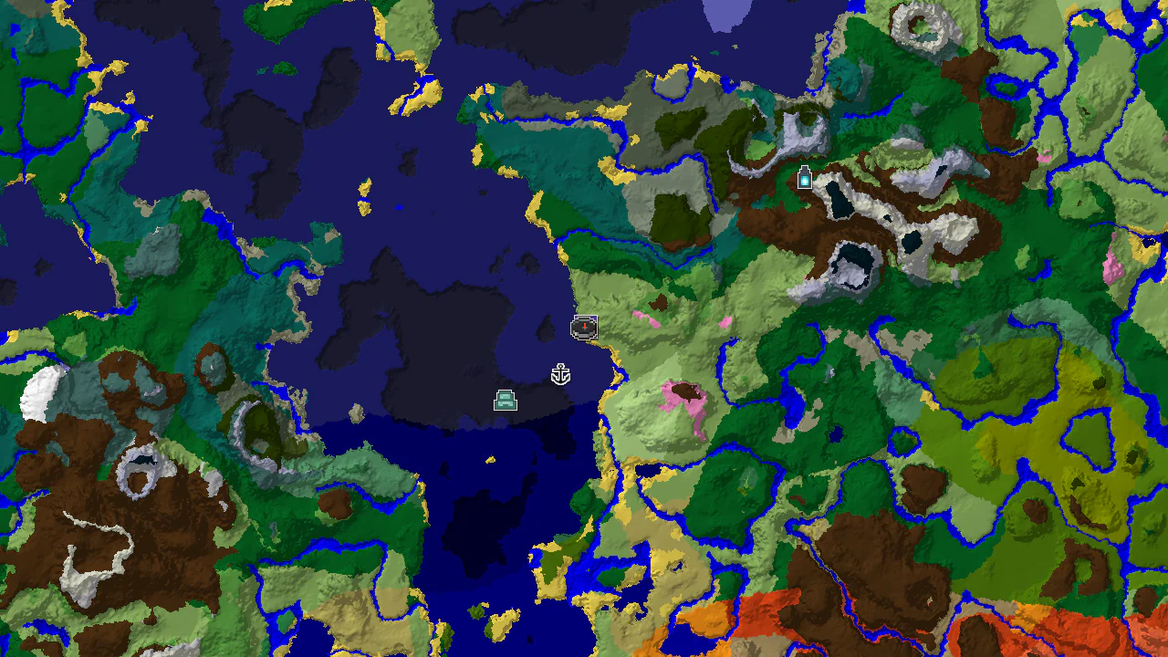 A 2D top-down biome map centered on spawn, showing plains, cold ocean, and forest biomes, with markers for a ruined portal and shipwreck.