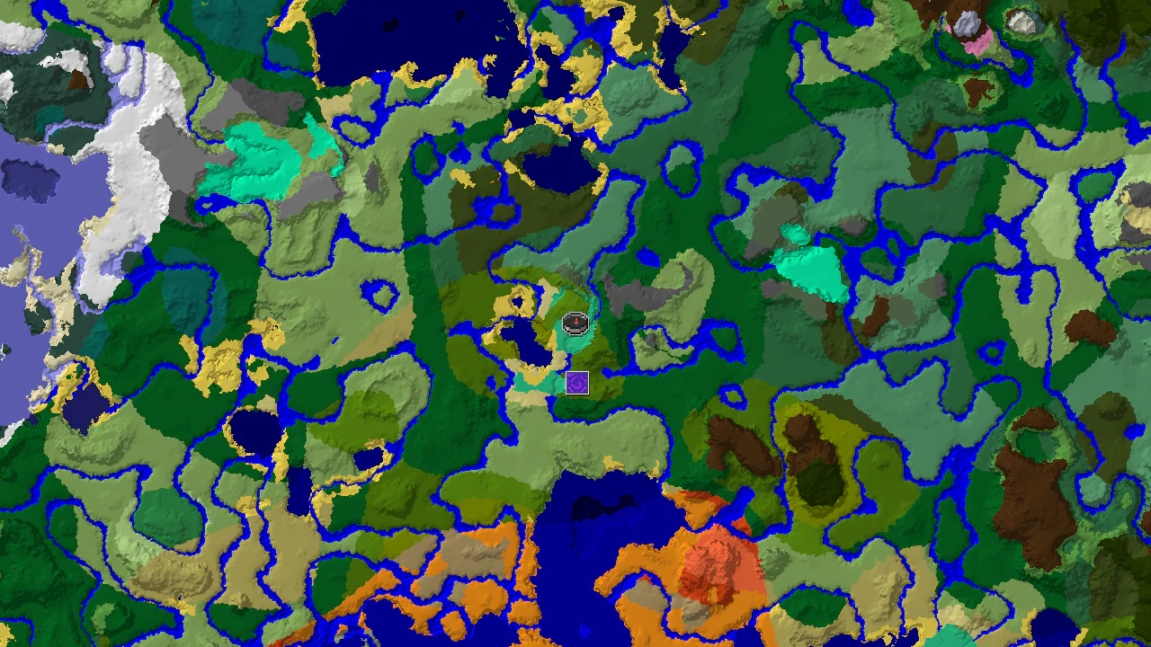 A 2D top-down biome map centered on spawn, showing a Mangrove Swamp at the starting point, surrounded by various biomes and a marked Ruined Portal.