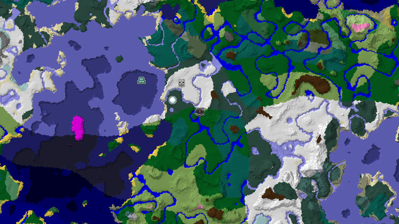 A 2D biome map centered on the spawn point, highlighting nearby forest, snowy plains, and taiga biomes, with markers for a ruined portal and igloo.