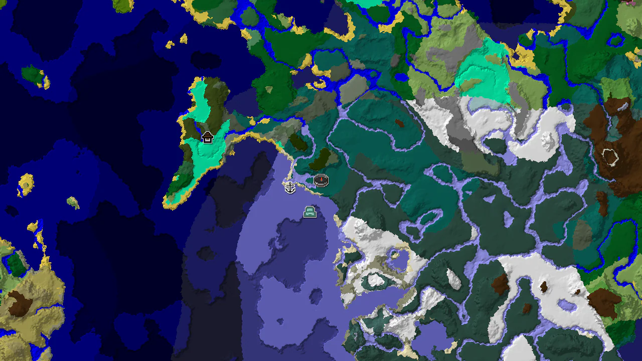 A 2D biome map centered on the spawn point in a Taiga biome, showing markers for a shipwreck, ocean monument, and woodland mansion.