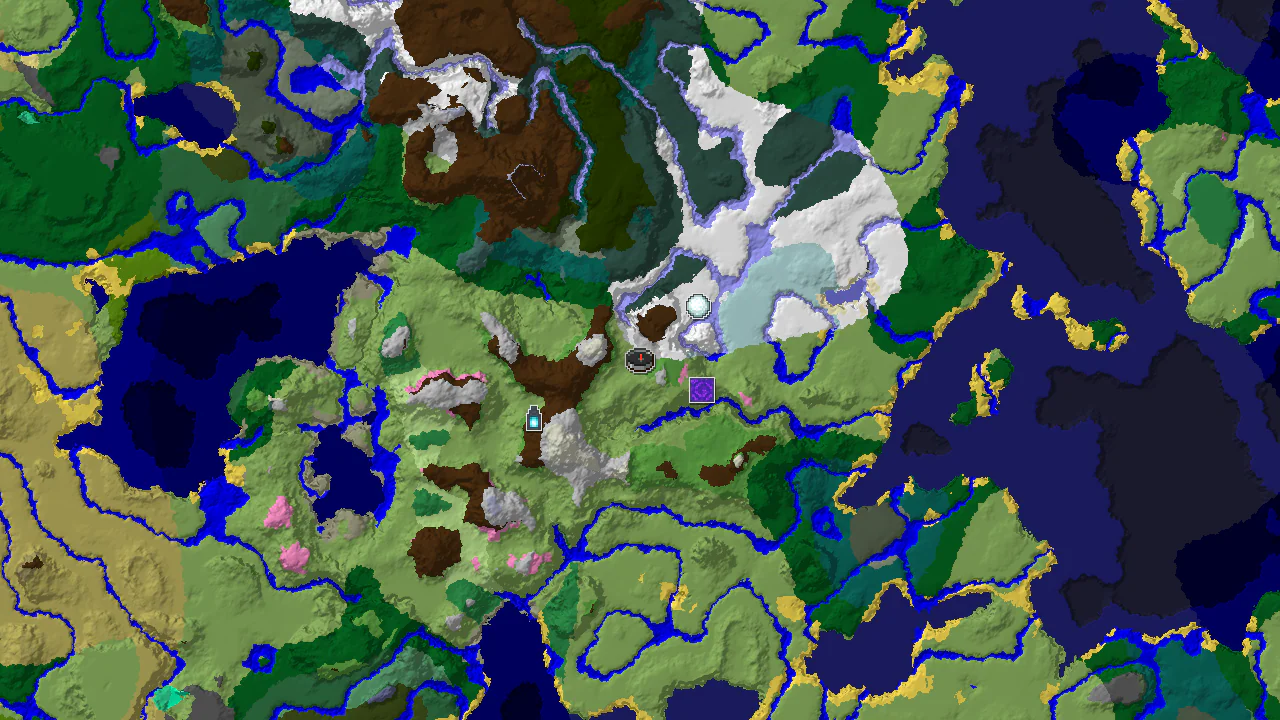 A 2D top-down biome map centered on the spawn point, with markers for a nearby Ancient City, Ruined Portal, and Igloo.