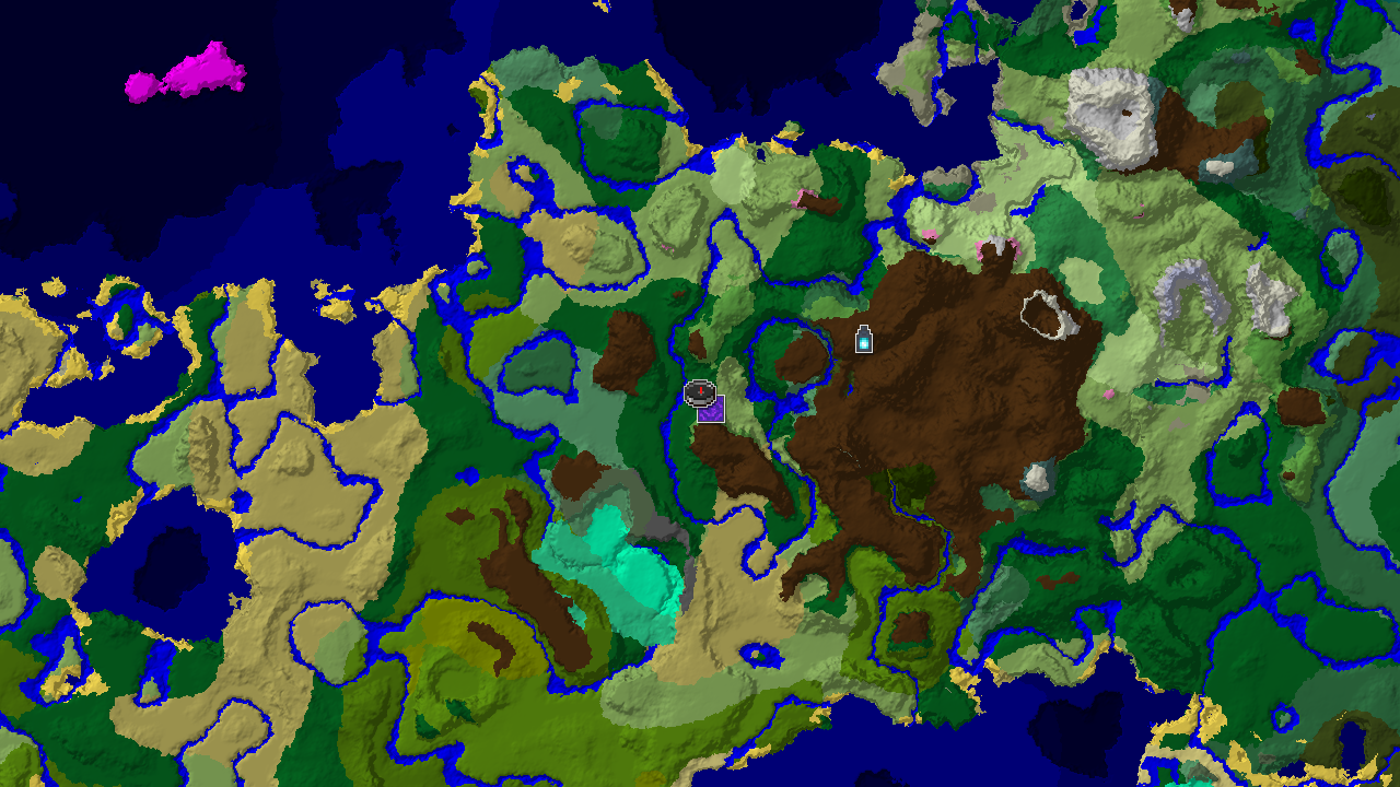 A top-down 2D biome map centered on spawn, showing a spawn marker and markers for a ruined portal and an ancient city.