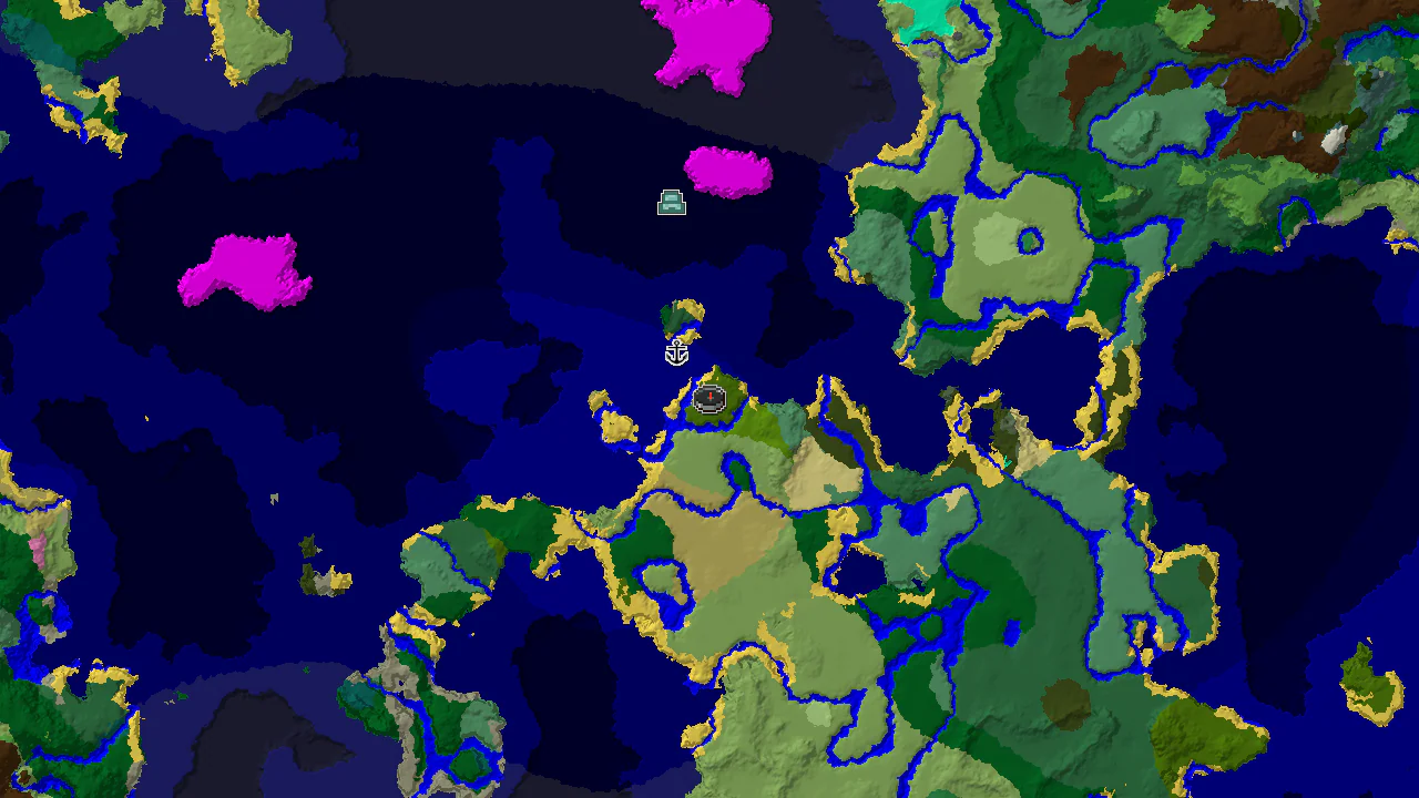 A 2D biome map centered on spawn, showing a Jungle biome at spawn, a shipwreck to the northwest, and an ocean monument to the southwest.