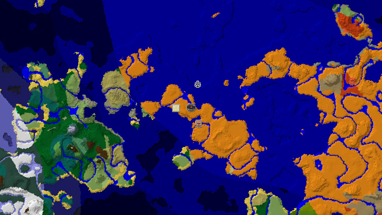 A 2D biome map centered on the spawn point, showing Desert and Warm Ocean biomes with markers for a Desert Pyramid, Village, and Shipwreck.