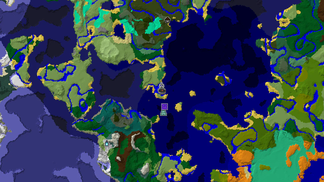 A top-down 2D biome map centered on spawn, showing plains, ocean, and forest areas, with markers for a shipwreck and flower forest.