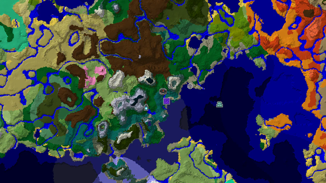 A top-down 2D biome map centered on spawn, showing forest, taiga, and ocean biomes, with markers for a nearby ancient city and ruined portal.