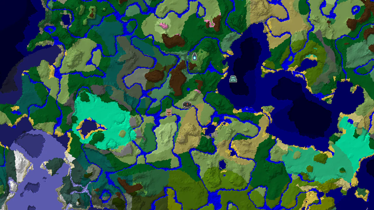 A top-down 2D biome map centered on spawn, marked with a player icon, showing a Village to the west and an Ancient City to the south-west.