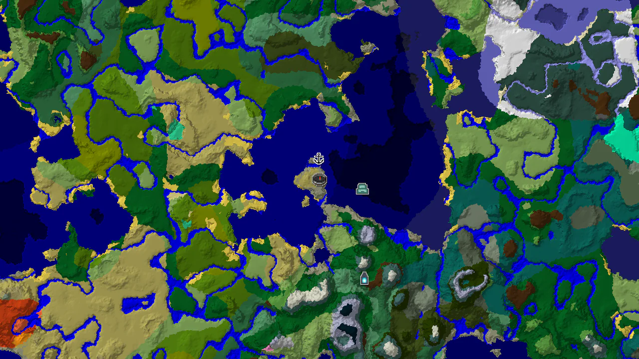A top-down 2D biome map centered on the spawn point, showing savanna, ocean, and forest, with markers for nearby structures.
