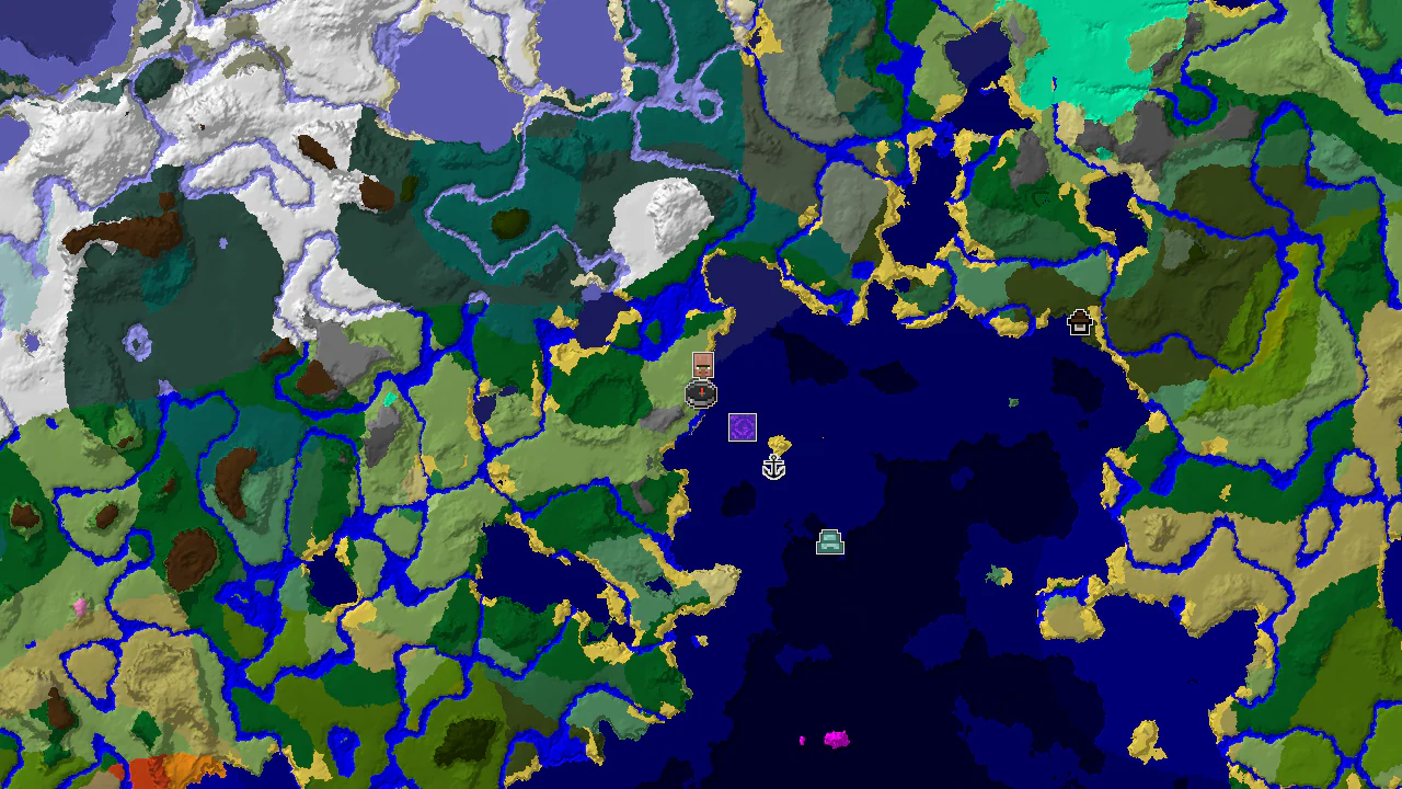 A top-down 2D biome map centered on the spawn point, marked with key structures including a village and ruined portal.