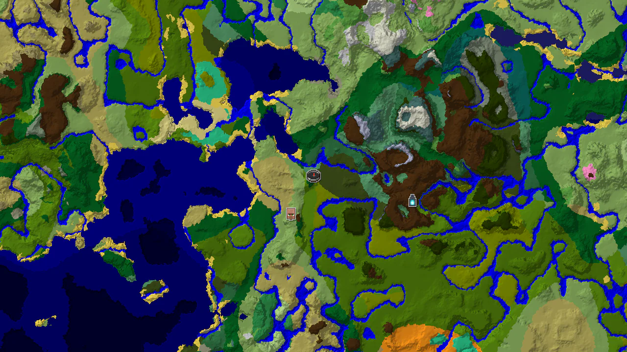 A 2D top-down biome map centered on spawn, showing an Old Growth Birch Forest at the center, with markers for a village to the northwest and an ancient city to the east.