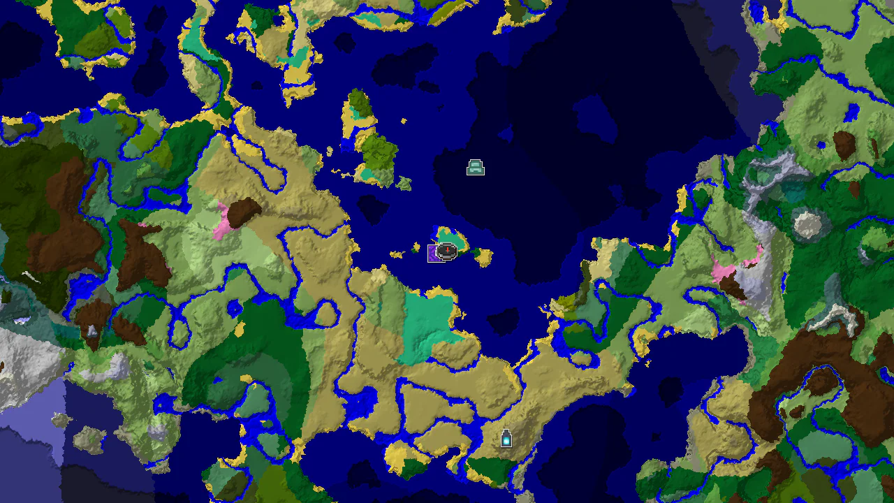 A top-down 2D biome map centered on the spawn point, showing a small island with Mangrove Swamp and beach biomes, surrounded by ocean, with nearby markers for a shipwreck and a ruined portal.