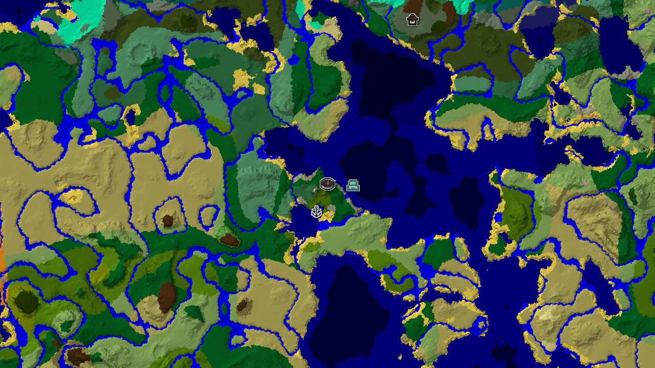 A top-down 2D biome map centered on spawn, showing forest, ocean, and jungle biomes, with markers for an ocean monument and a shipwreck.
