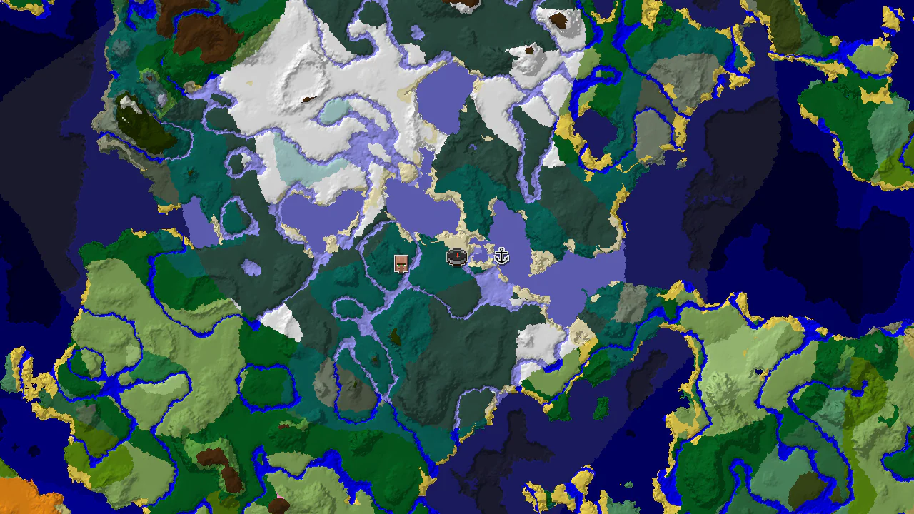 A 2D top-down biome map centered on spawn, showing taiga, frozen rivers, and ocean, with markers for a village and shipwreck.