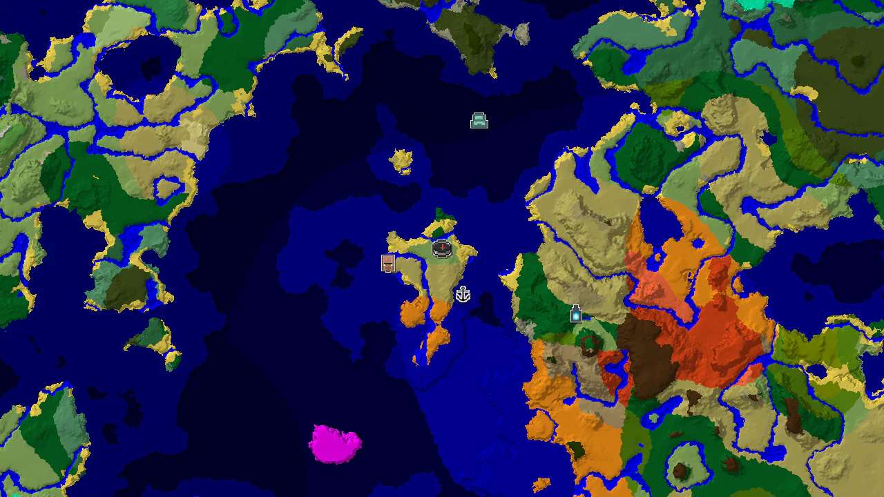 A 2D biome map centered on spawn, showing plains, ocean, and savanna biomes, with markers for a nearby village and shipwreck.