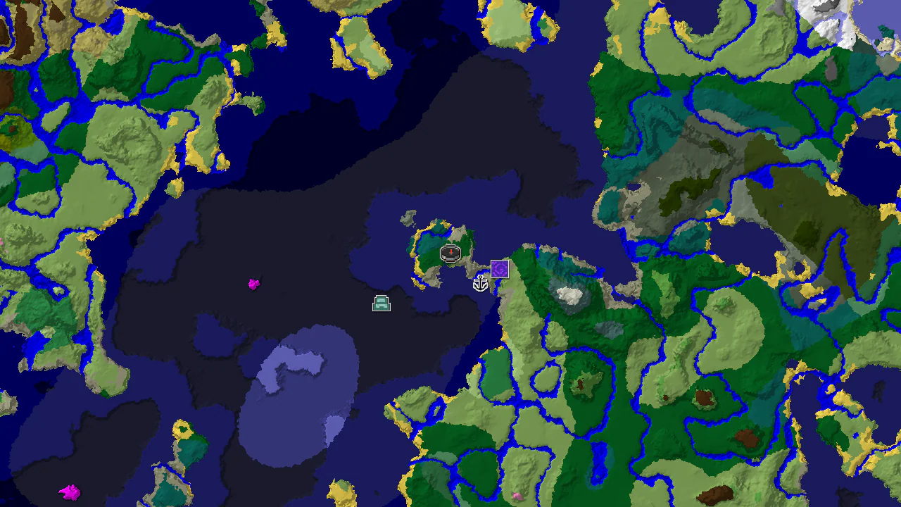 A top-down 2D biome map centered on spawn, showing forest, plains, and ocean, with markers for a shipwreck and ruined portal.