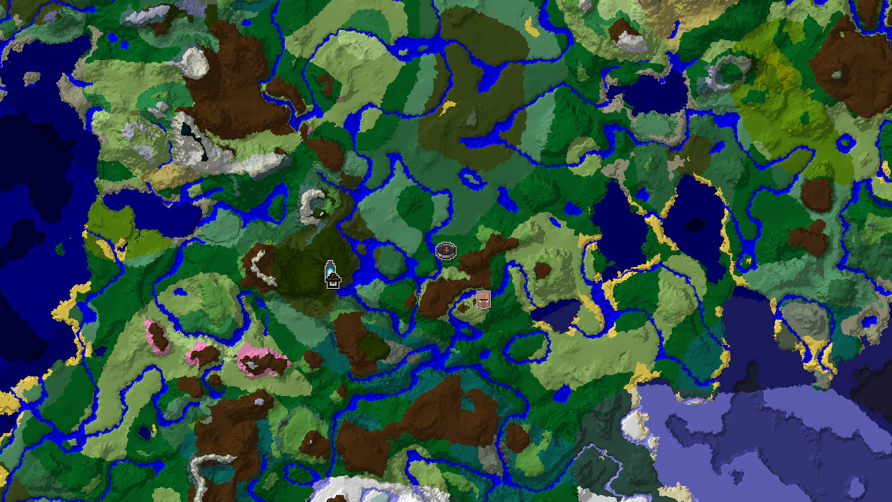 A top-down 2D biome map centered on spawn, showing a spawn marker and markers for a village, woodland mansion, and ancient city.