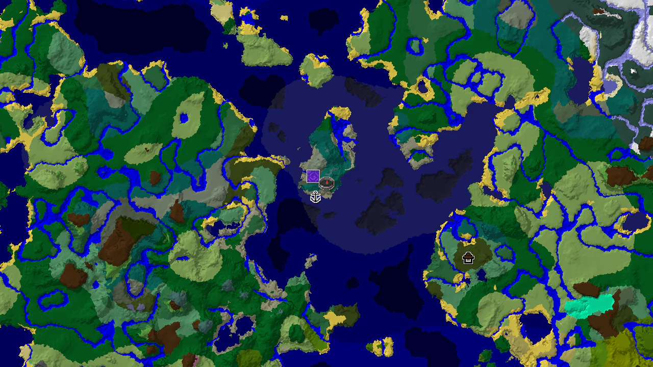 A 2D top-down biome map centered on the spawn point, showing taiga, ocean, and forest biomes with markers for nearby structures.