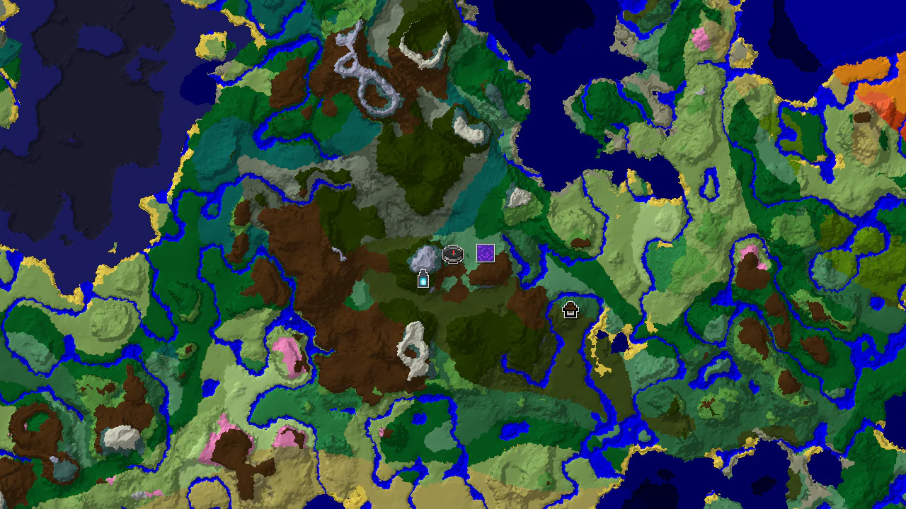 A 2D biome map centered on the spawn point, showing an Old Growth Birch Forest surrounded by various taiga and forest biomes, with markers for a nearby Ancient City and Ruined Portal.