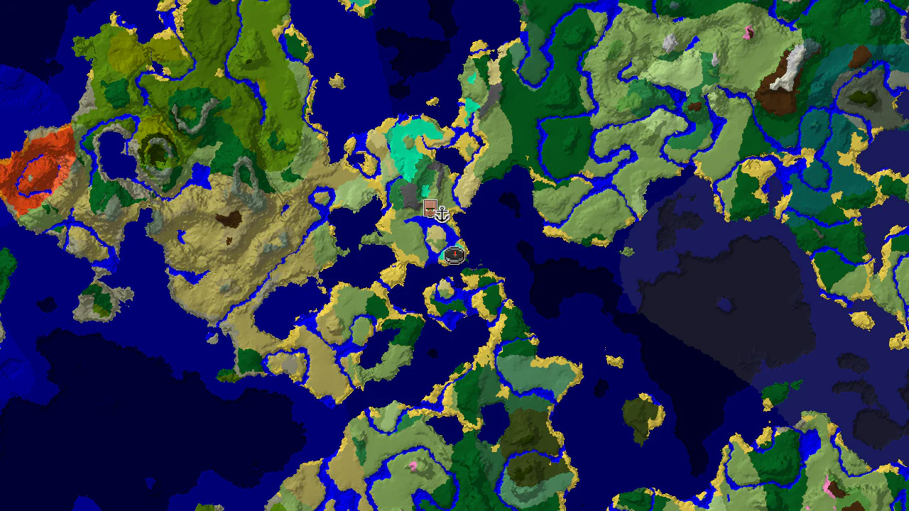 A 2D biome map centered on a swamp spawn, showing a nearby village and shipwreck.
