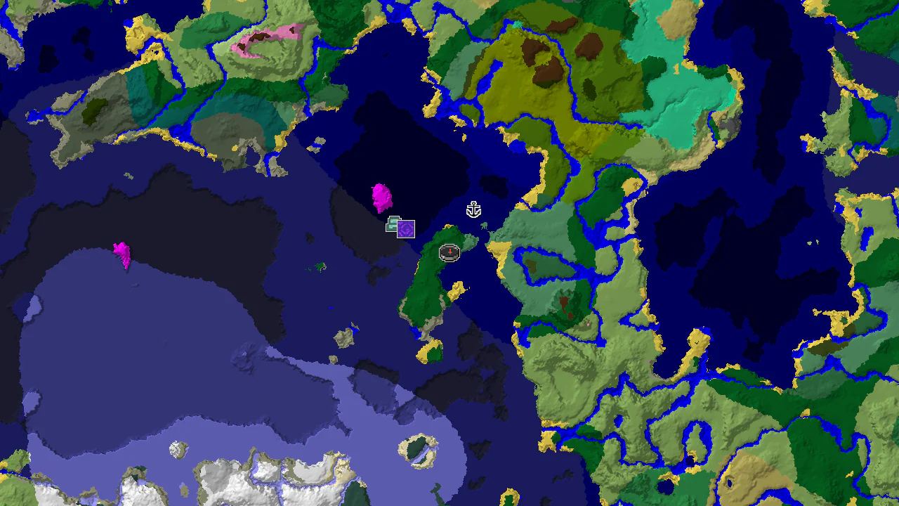 A 2D top-down biome map centered on spawn, showing a nearby Ocean Monument and Shipwreck.