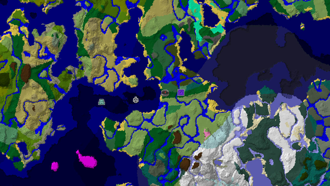 A 2D biome map showing a Forest spawn surrounded by diverse biomes, with markers for a Ruined Portal and Shipwreck.