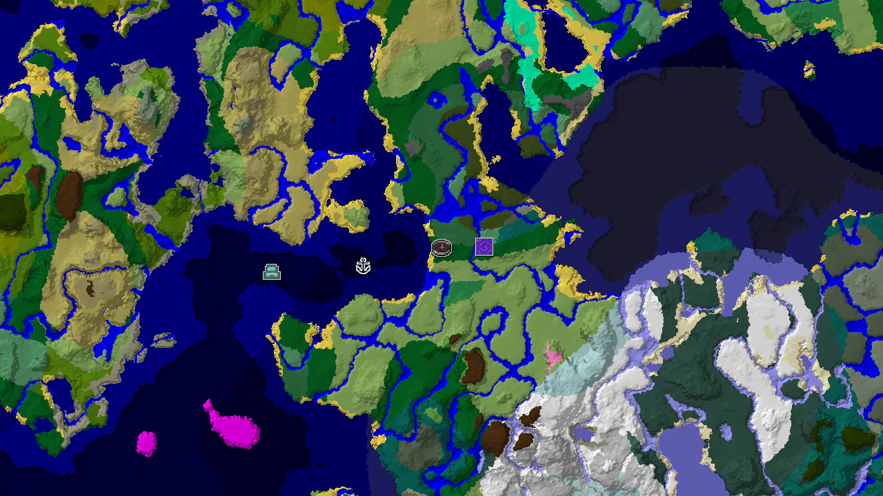 A 2D biome map showing a Forest spawn surrounded by diverse biomes, with markers for a Ruined Portal and Shipwreck.