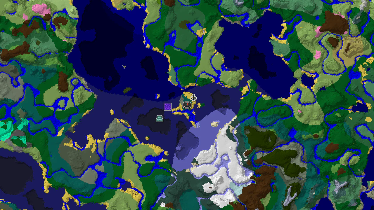 A 2D biome map centered on spawn, showing a large Taiga forest surrounded by various ocean biomes, with markers for a Shipwreck, Ruined Portal, and Ocean Monument.