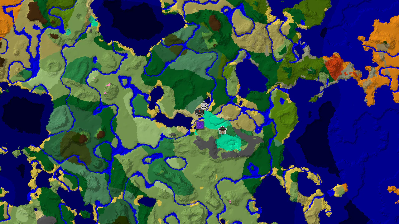 A 2D biome map centered on spawn, showing a Windswept Savanna spawn point, a Shipwreck to the north, and a Ruined Portal to the east.