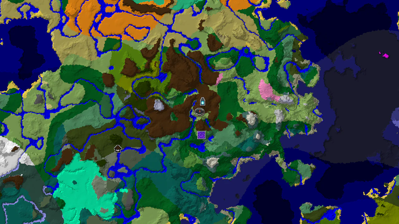 A top-down 2D biome map centered on spawn, showing nearby Plains, Forests, and a prominent marker for an Ancient City.