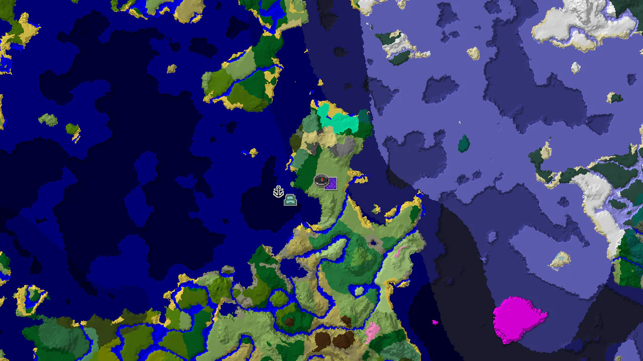 A 2D top-down biome map centered on spawn, showing a Plains biome with a nearby Ruined Portal and an Ocean Monument to the west.