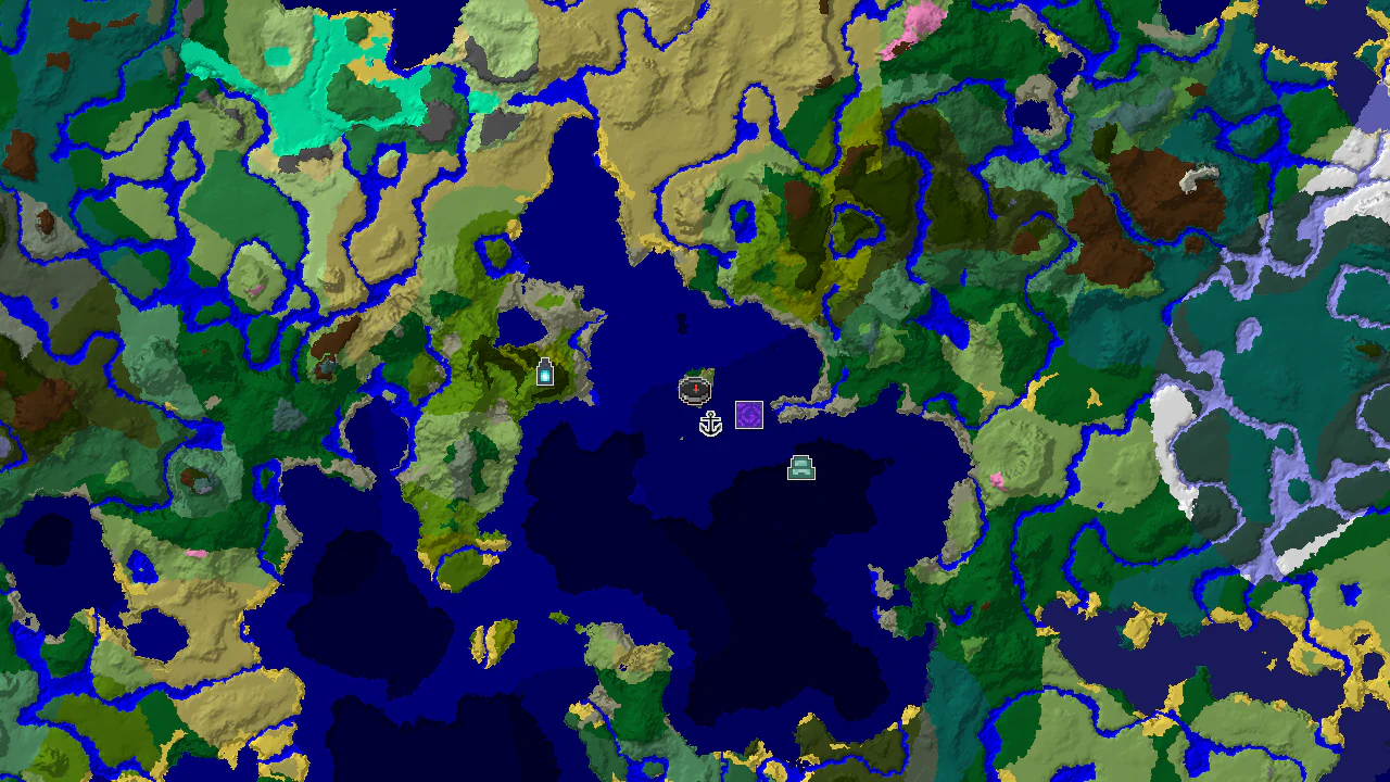 A top-down 2D biome map centered on spawn, showing plains, ocean, and forest, with markers for a shipwreck, ruined portal, and ocean monument.