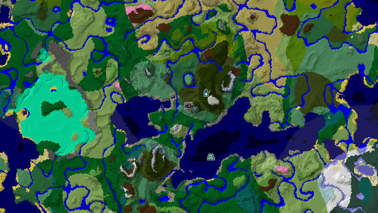 A 2D top-down biome map centered on spawn, showing a Dark Forest biome at the center, with markers for a Ruined Portal and an Ancient City.