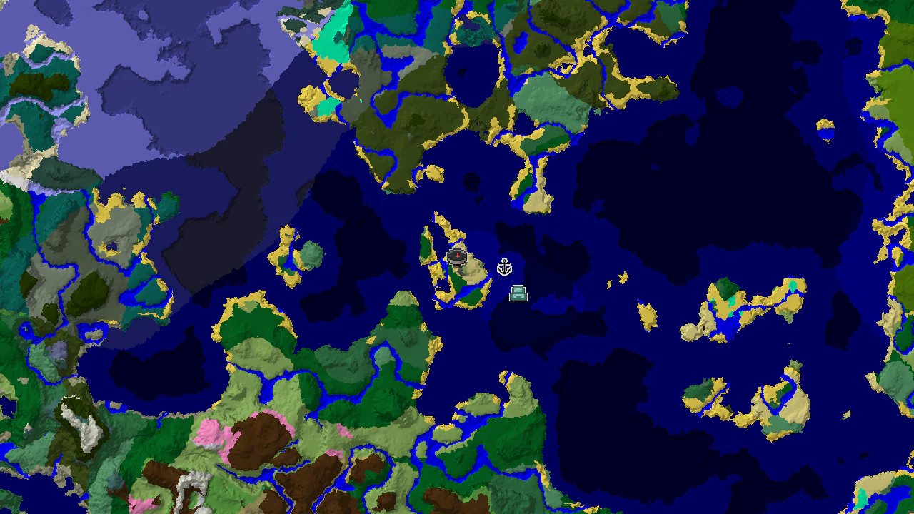 A 2D top-down biome map centered on the spawn point, showing nearby biomes and markers for a shipwreck and an ocean monument.